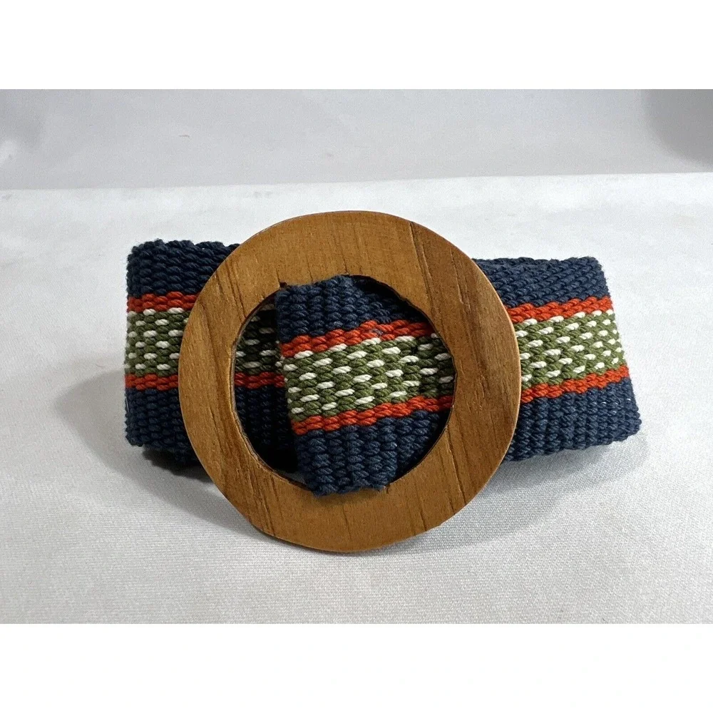 Vintage Wide Canvas Belt Women's Petite Woven Blue Green Red Wooden Buckle‎